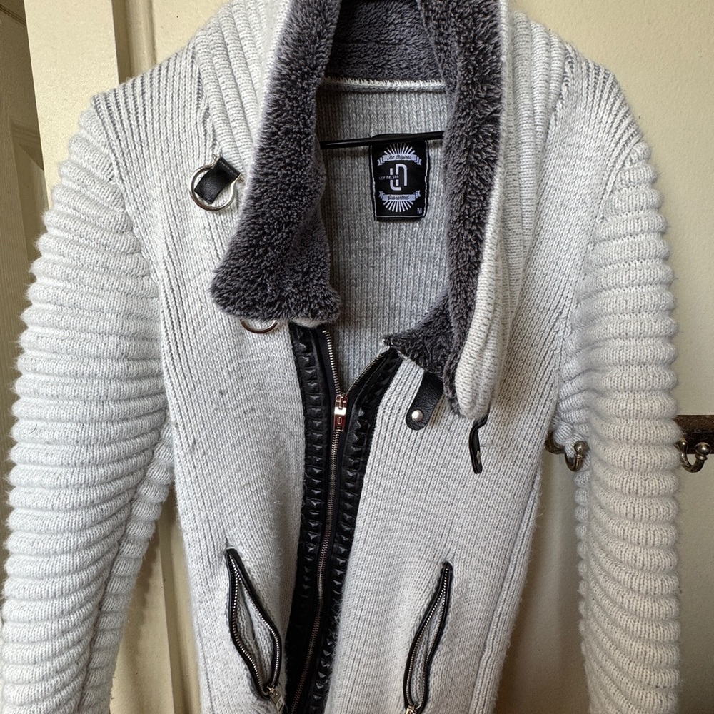 Gray Ribbed Knit Jacket with Faux Fur Collar
